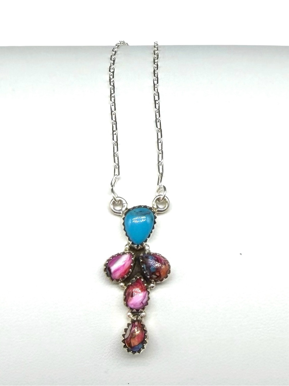 Kingman Pink Dahlia Turquoise Pendant Necklace Solid 925 Sterling Silver